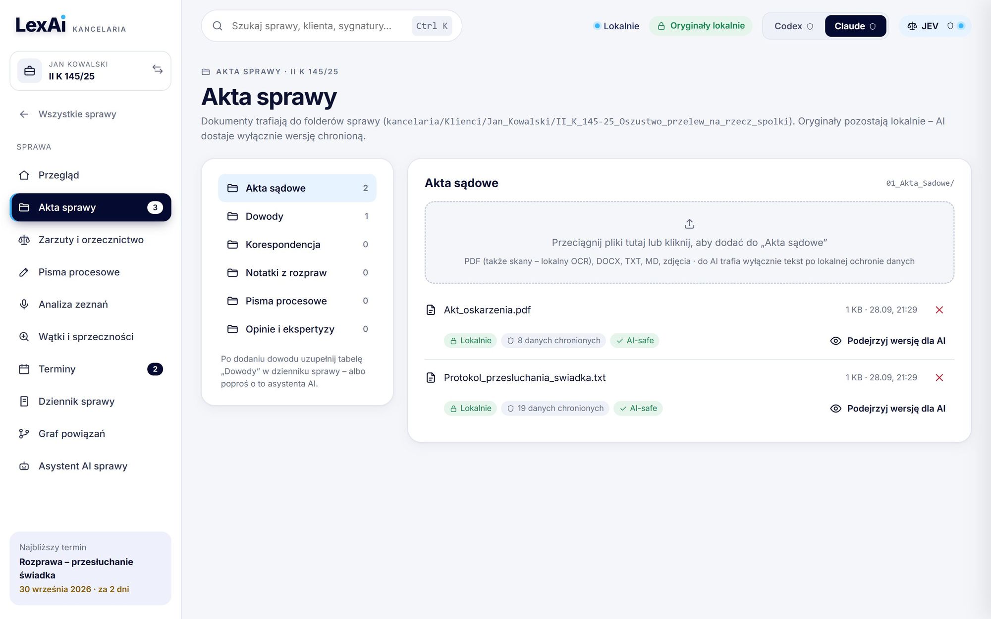 Akta sprawy ze statusami Lokalnie i AI-safe