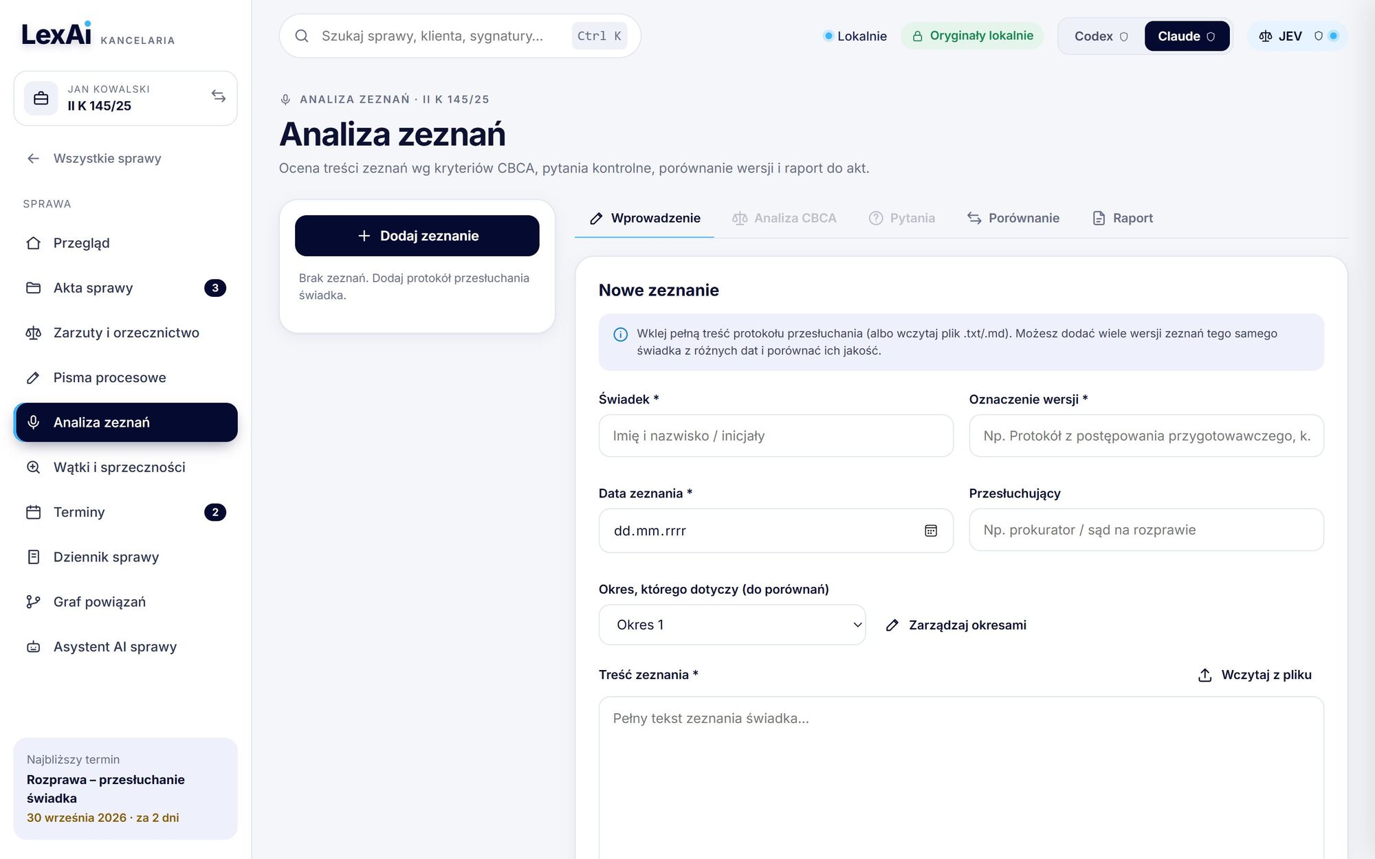 Moduł analizy zeznań